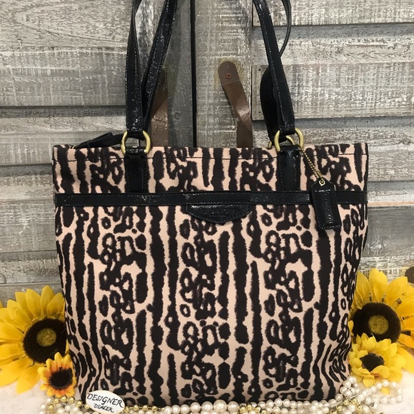 Coach Handbags - COACH Leopard Print Canvas Leather Trim Tote 31901